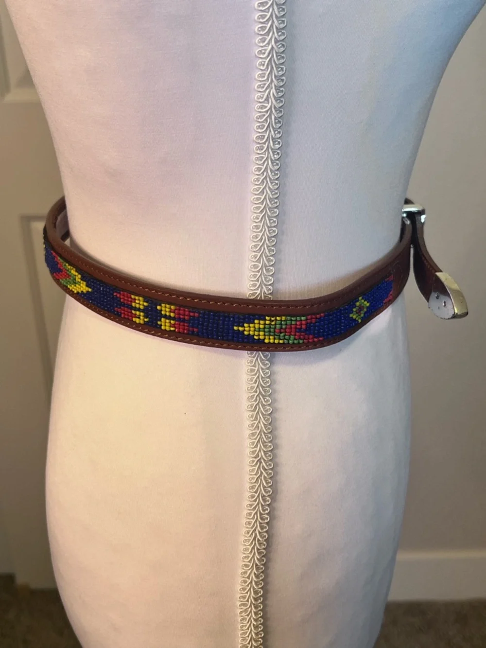 Beaded Brown Latigo Leather Belt Sz 28